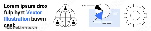 Network of connected user icons, analytic chart with segments, and a gear for workflow. Ideal for business, teamwork, globalization, strategy, innovation, data insights simple landing page