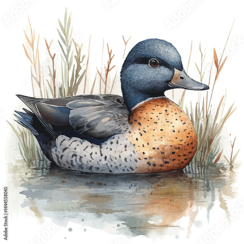 watercolor of Duck Swimming In A Farm Pond, vector, isolated on a white background.