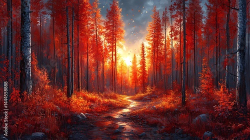 Fototapeta Naklejka Na Ścianę i Meble -  Red forest path at sunset