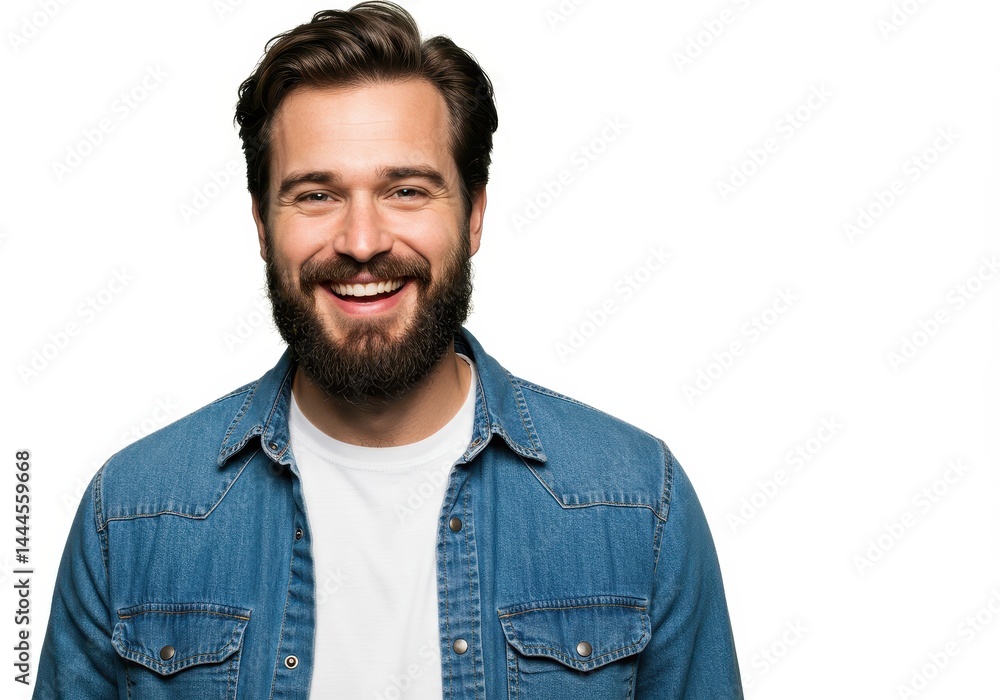 Portrait of a bearded man smiling broadly wearing a denim shirt against a white background studio shot Portrait of a bearded man smiling broadly wearing a denim shirt against a white background studio shot