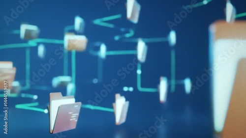3D illustration of digital file folders organized in a virtual network, representing data management, cloud storage, or digital filing systems