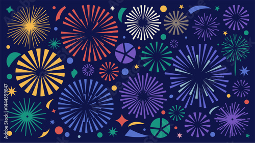 Firework festival celebration background. Festive show in night sky. Exploding Flashes of salutes. Holiday entertainment scene. Colorful flat vector cartoon illustration on dark blue background