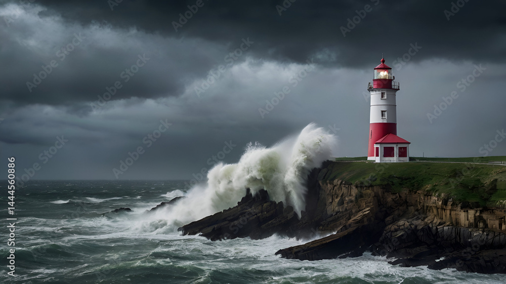 A dramatic cliffside lighthouse during a storm
A dramatic cliffside lighthouse during a storm