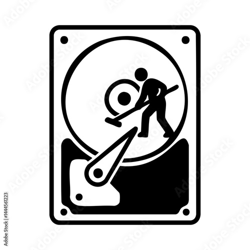 Minimal vector icon of a person working inside a hard drive, representing data recovery, repair, or digital storage maintenance.