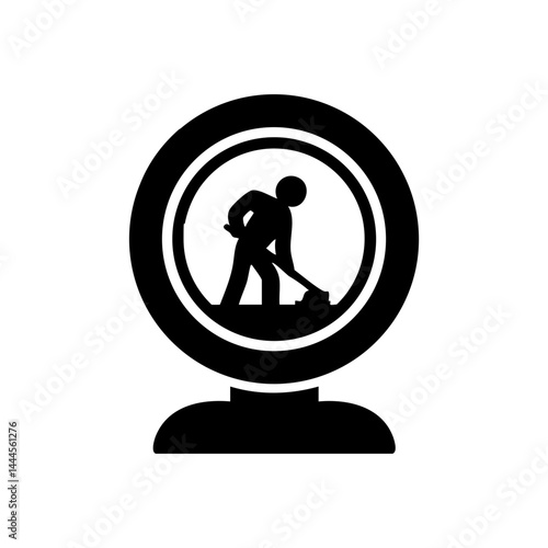 Minimal vector icon of a person working inside a webcam lens, symbolizing remote maintenance, support, or online system repair.