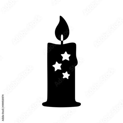 Black and white illustration of a burning candle with star shapes on its surface, symbolizing hope, light, dreams, and spiritual warmth.