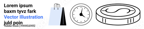 Shopping bag, clock, and coin symbolizing consumerism, time management, and wealth. Ideal for retail, finance, e-commerce, productivity budgeting marketing simple landing page