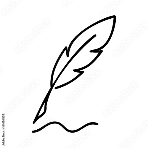 Black and white line illustration of a feather quill drawing a wavy line, symbolizing creativity, writing, poetry, and expression.
