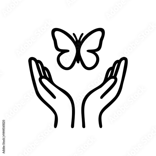 Minimalist black and white line drawing of a butterfly soaring above two open hands, symbolizing freedom, care, and transformation.