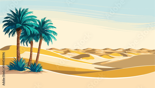 Summe landscape background, banner with oasis in the desert. Colorful vector art illustration