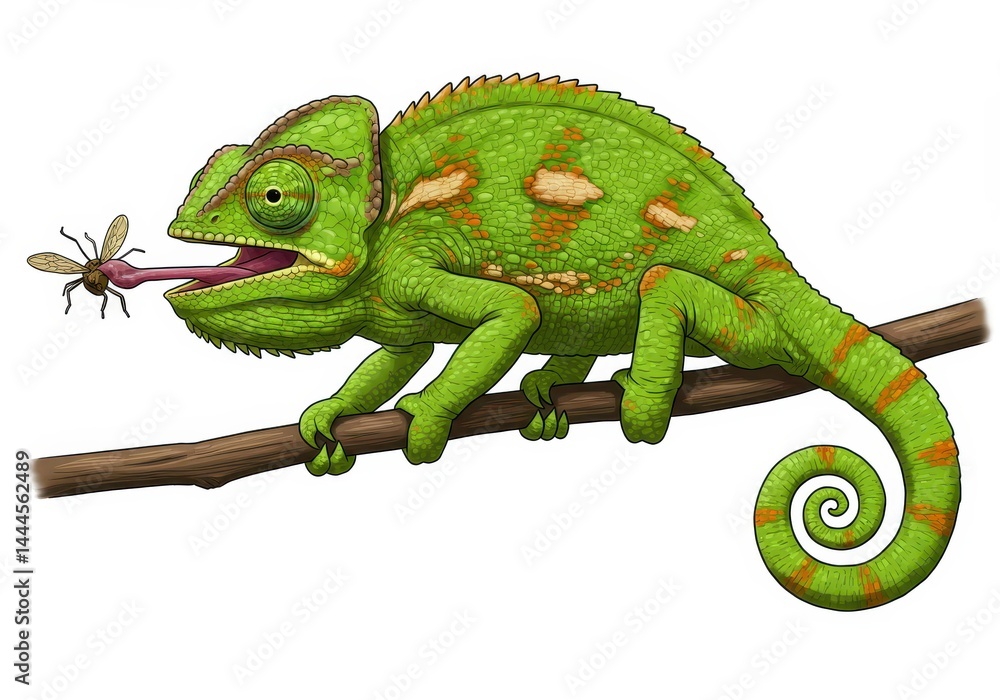 Obraz premium A green chameleon catching a fly with its tongue while perched on a branch illustration art