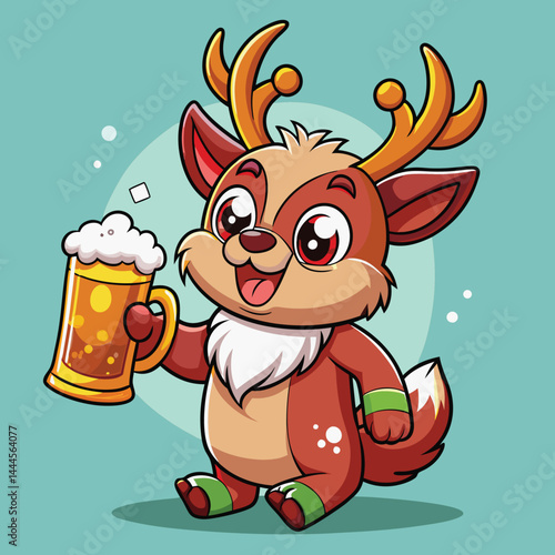 Explore the playful charm of a cute reindeer drinking beer mascot cartoon illustration. Perfect for holiday-themed projects and digital art enthusiasts, this whimsical design brings festive fun and cr