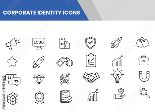 Branding and Corporate Identity Icons – Editable Stroke Vector Outline Symbols, Marketing, Business Stationery, and Brand Elements