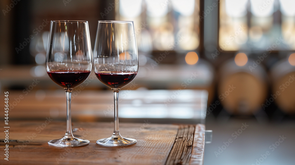 Two wine glasses with red liquid on a wooden table - A cozy moment of shared indulgence Two wine glasses with red liquid on a wooden table - A cozy moment of shared indulgence