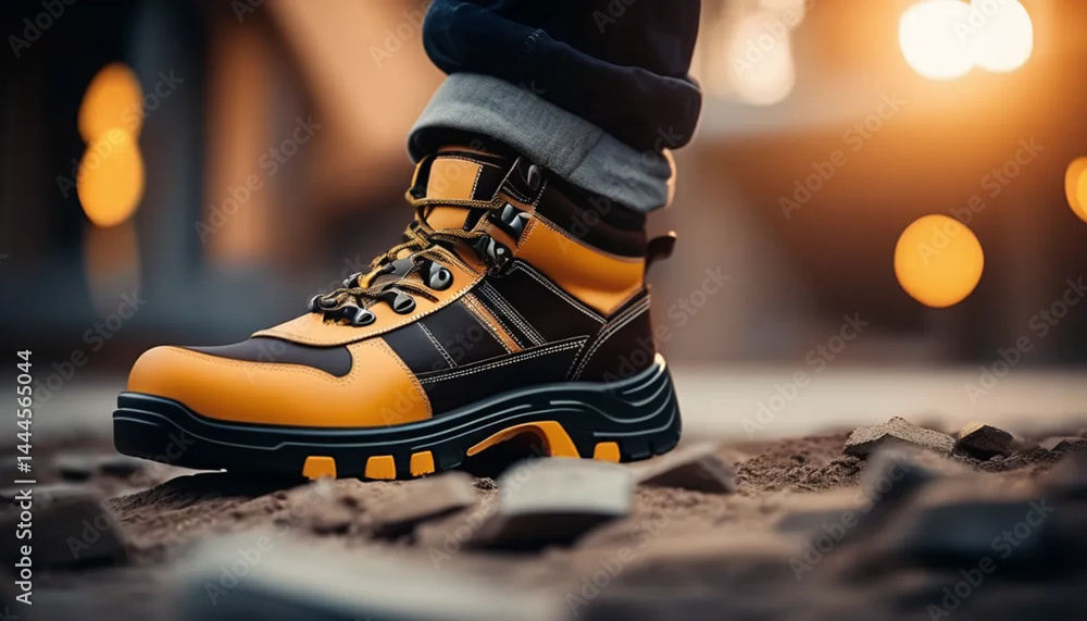 Protective shoes on construction site.