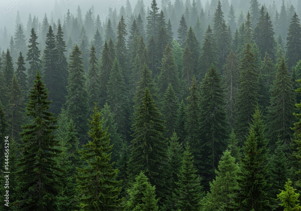 Fototapeta premium A dense forest of evergreen trees stretching into the distance under a foggy sky overhead view