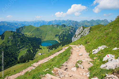 Obraz na płótnie hiking trail with stunning views at Stockhorn mountain, switzerland. lake Oberstockensee, bernese Oberland w salonie
