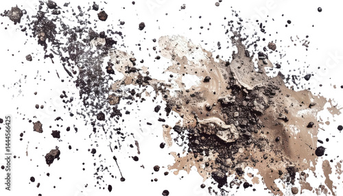 Wet mud, stains and water droplets texture with dry dirt isolated on white background, top view