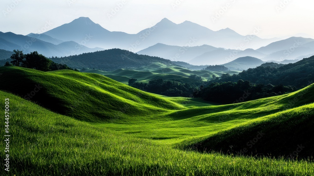 Obraz premium A scenic landscape of rolling green hills and distant mountains