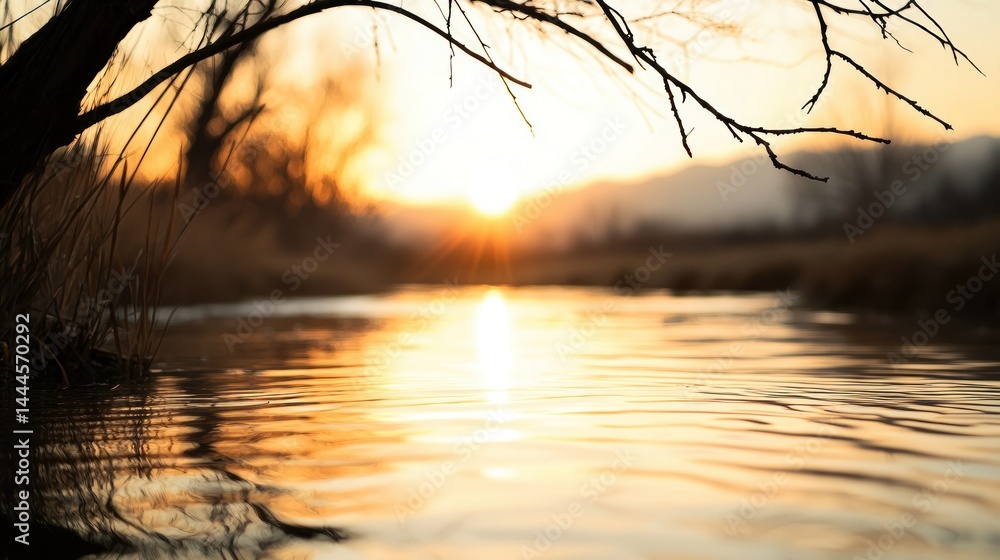 Fototapeta premium Sunset over a calm river with overhanging branches in nature