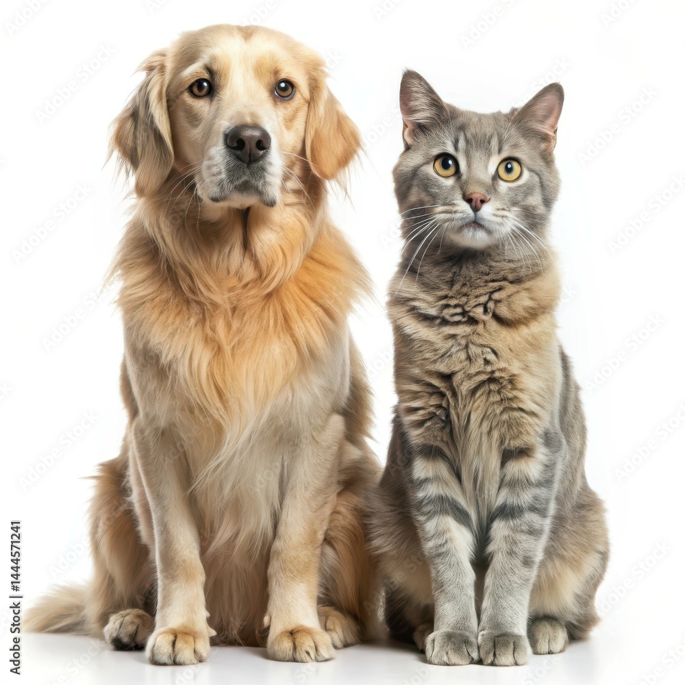 Golden Retriever Dog And Grey Tabby Cat Posing Together On White Background Golden Retriever Dog And Grey Tabby Cat Posing Together On White Background