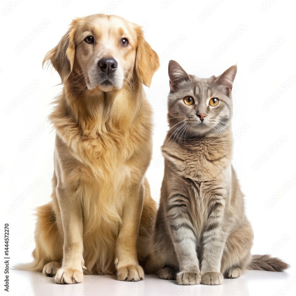 Golden Retriever Dog And Grey Tabby Cat Posing Together On White Background Golden Retriever Dog And Grey Tabby Cat Posing Together On White Background