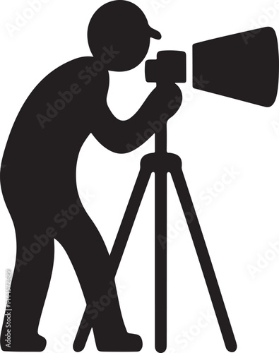 A black silhouette of a professional photographer with a digital camera and tripod suggests a cameraman at work