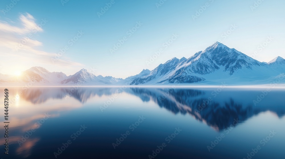 Snow-covered mountains reflected in a calm lake at sunrise under a clear blue sky. Snow-covered mountains reflected in a calm lake at sunrise under a clear blue sky.