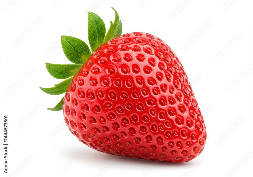 A single strawberry with green leaves isolated on a white background in a close up detailed shot A single strawberry with green leaves isolated on a white background in a close up detailed shot