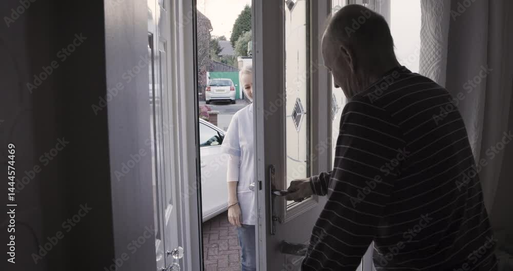 Door, visit and bonding with a senior man opening the door of his retirement home to see his adult daughter. House, welcome and love with a mature father answering the front door for a woman Door, visit and bonding with a senior man opening the door of his retirement home to see his adult daughter. House, welcome and love with a mature father answering the front door for a woman