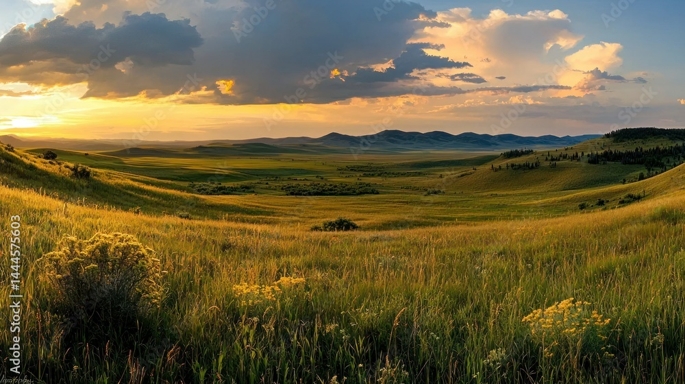 Fototapeta premium Vast open landscape featuring grass hills and a dramatic sunset