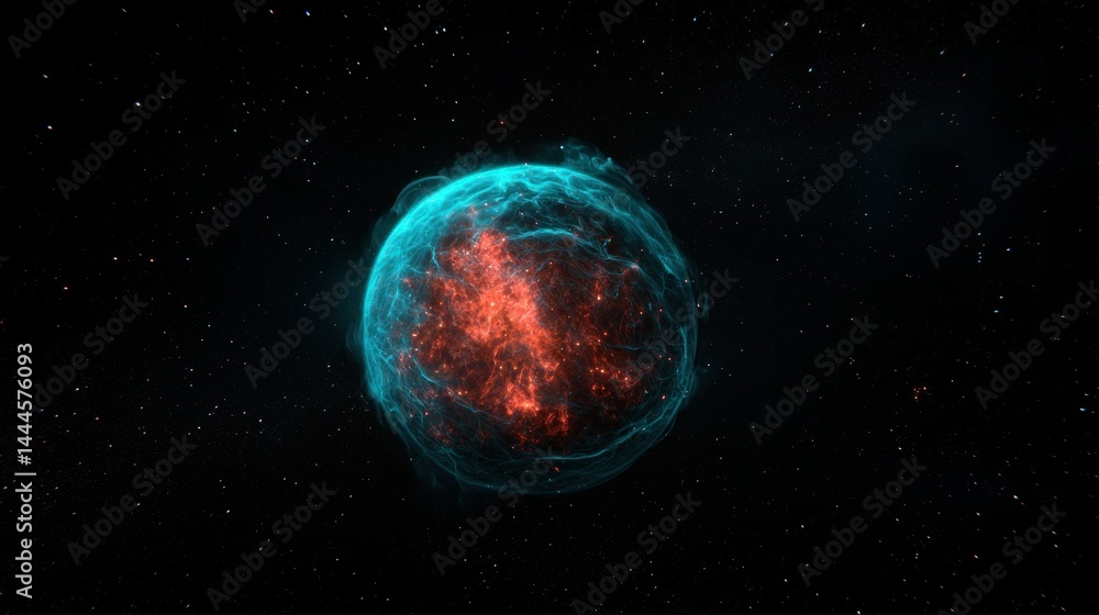 A Glowing Sphere Surrounded by Celestial Dust in Dark Space A Glowing Sphere Surrounded by Celestial Dust in Dark Space