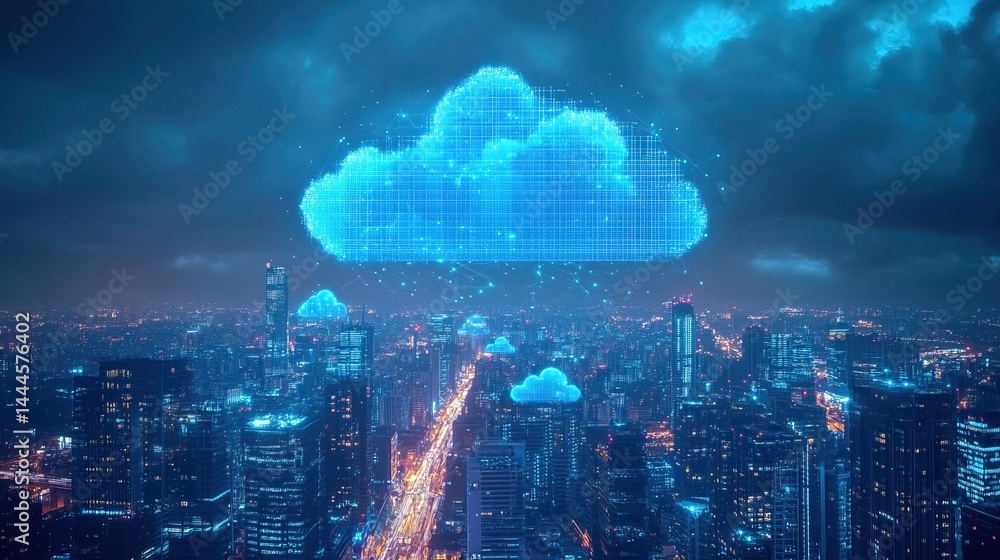 Fototapeta premium A holographic weather system displaying real-time forecasts above a futuristic city skyline 