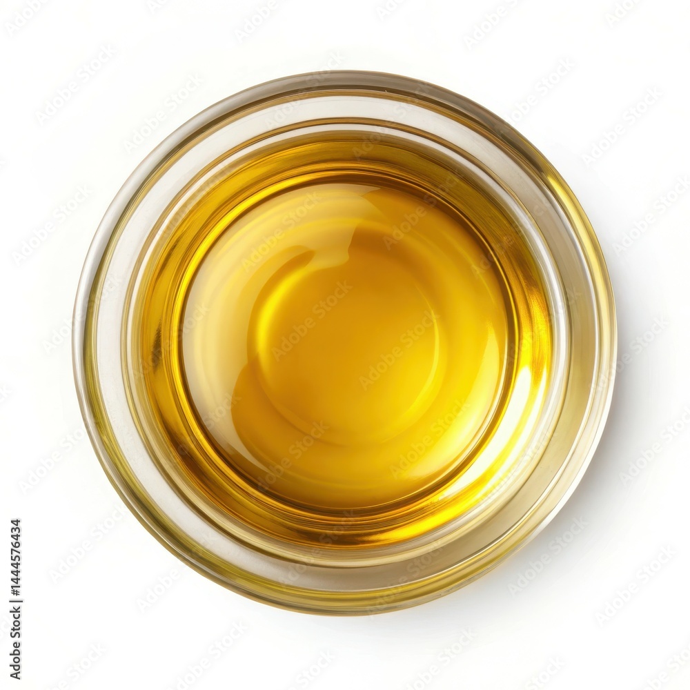 Golden Liquid In Glass Bowl Top View On White Background Golden Liquid In Glass Bowl Top View On White Background