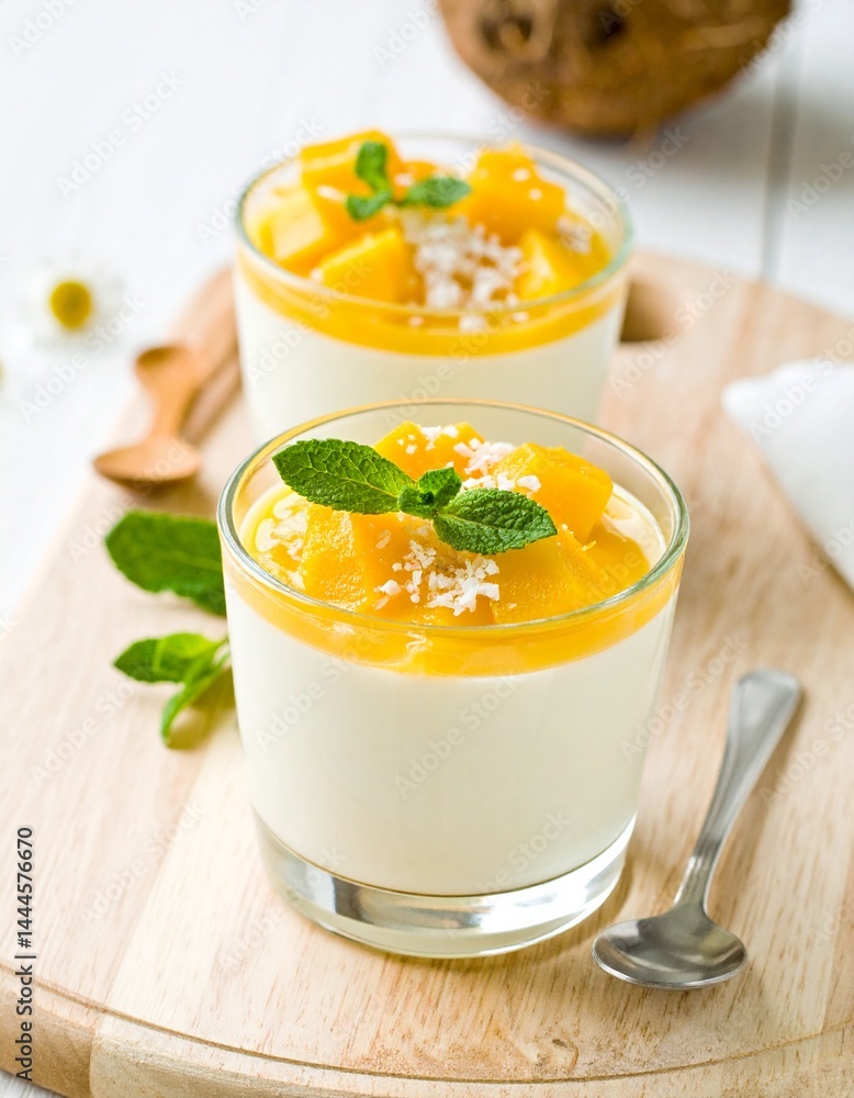 Coconut mango panna cotta with a smooth creamy base and vibrant tropical mango topping
Coconut mango panna cotta with a smooth creamy base and vibrant tropical mango topping