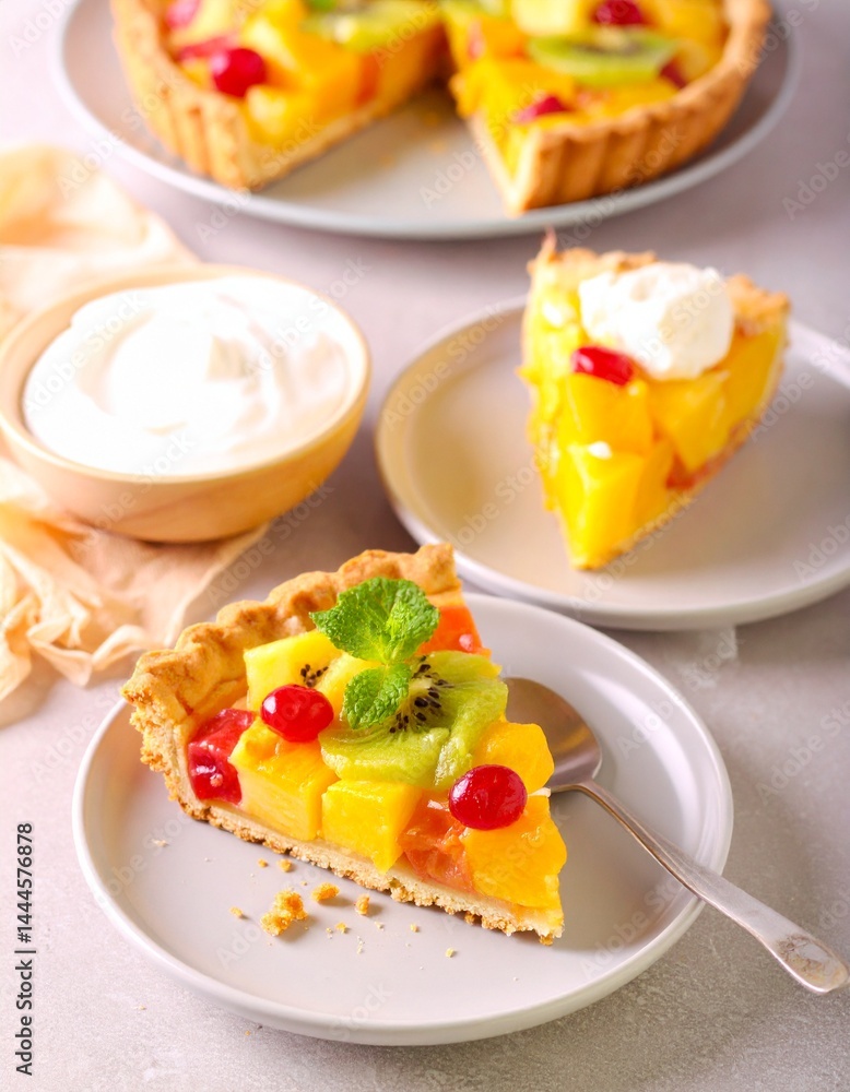 Slices of tropical fruit pie with vibrant layers of mango, pineapple, and passionfruit on a wooden plate Slices of tropical fruit pie with vibrant layers of mango, pineapple, and passionfruit on a wooden plate