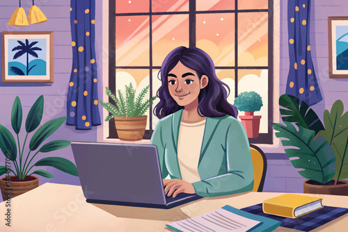 Cute Young businesswoman manage business from home on remote, freelancer using laptop in room