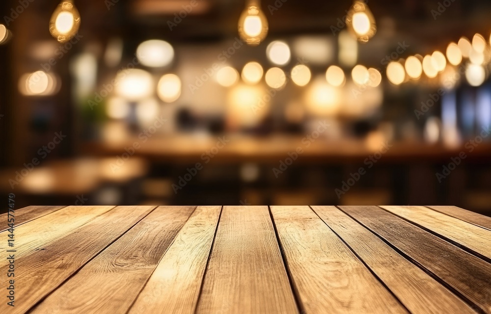 Empty wooden table in front of a cafe Blurred background shows cafe interior, people, and warm lighting Empty wooden table in front of a cafe Blurred background shows cafe interior, people, and warm lighting