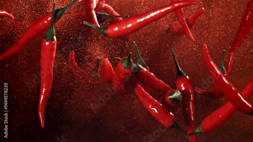 Red chili pepper in flight with ground pepper. Filmed on a high-speed camera at 1000 fps. High quality FullHD footage