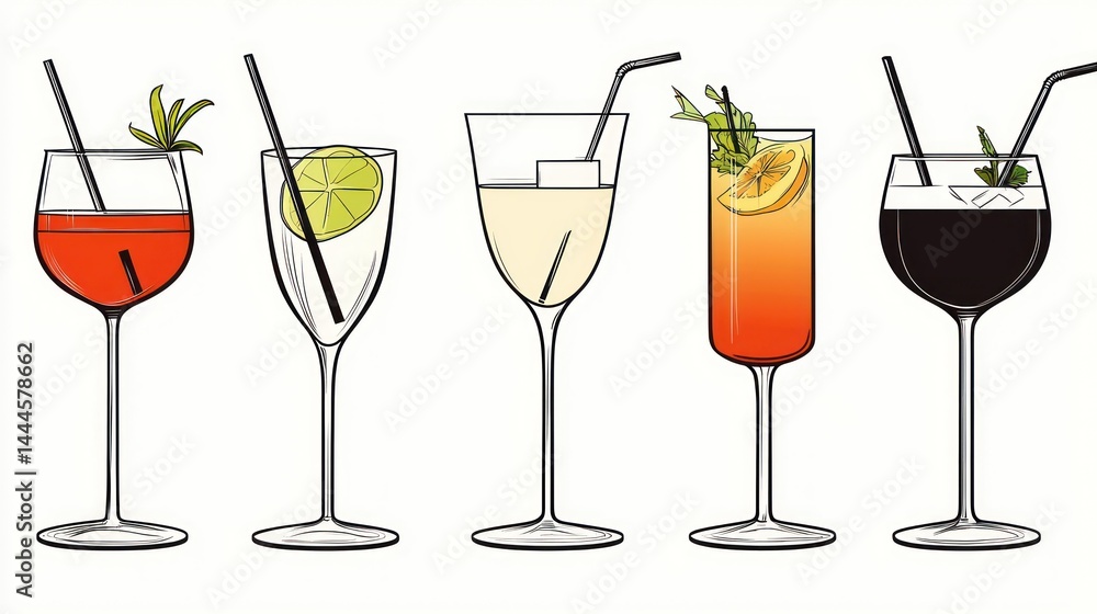Five Different Alcoholic Cocktails in Elegant Stemware on White Background Five Different Alcoholic Cocktails in Elegant Stemware on White Background