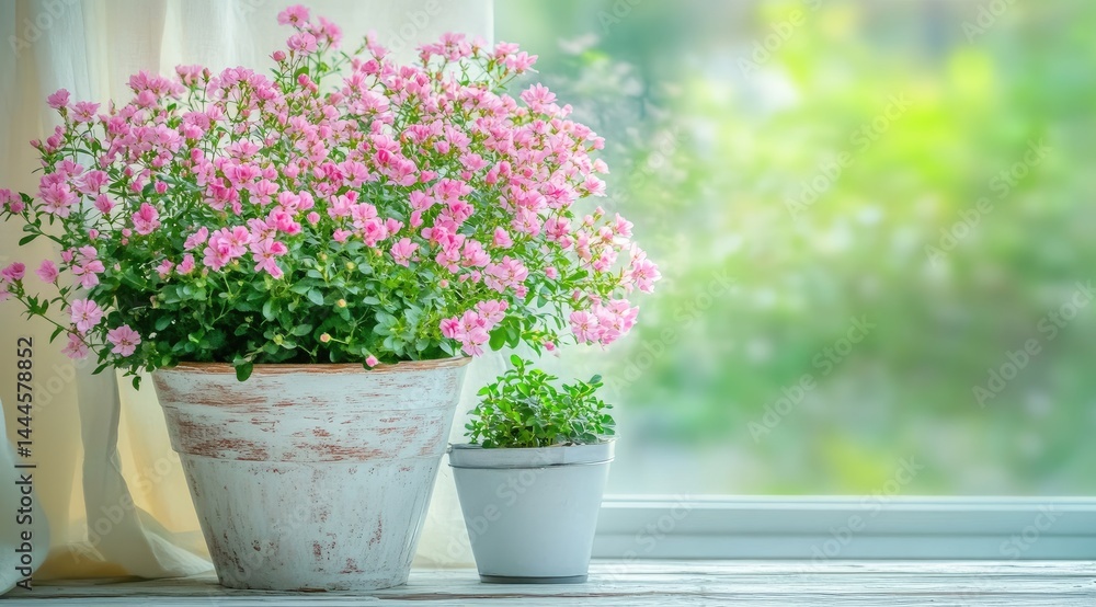 Pink flowers in terracotta pots on a windowsill Lush blooms and greenery beside a window Soft, natural light Pink flowers in terracotta pots on a windowsill Lush blooms and greenery beside a window Soft, natural light