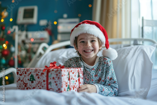 Child receiving gifts in hospital room