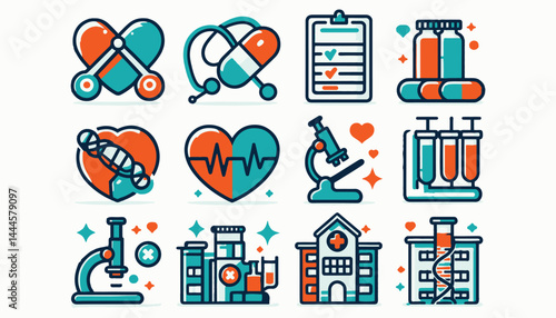 Stylized Medical and Healthcare Icon Set Featuring Tools and Symbols