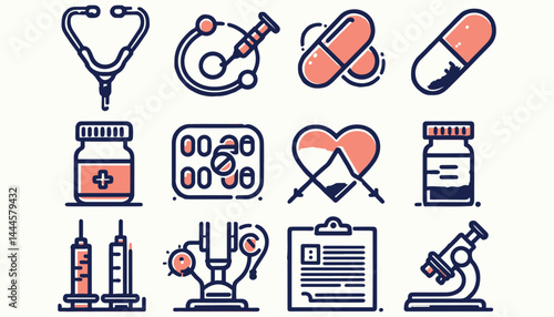 Medical Equipment and Icons Depicting Healthcare Symbols and Supplies