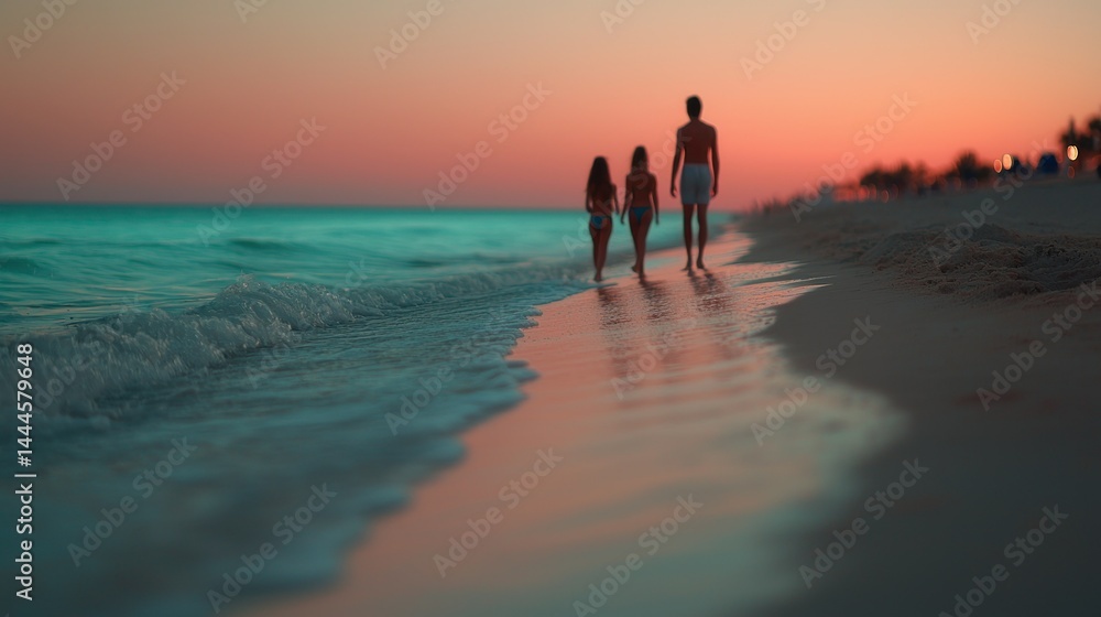 Fototapeta premium Three people are walking along a sandy beach at sunset