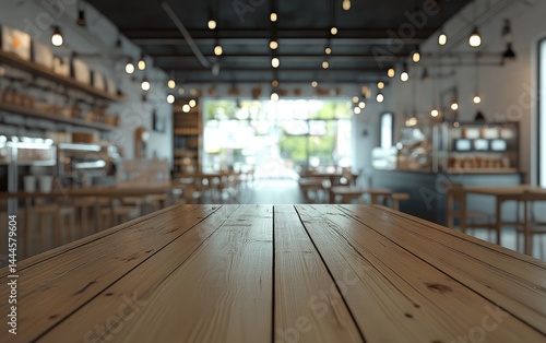 Wallpaper Mural Empty wooden table in a cafe, with a blurred background of tables, chairs, and lighting Torontodigital.ca