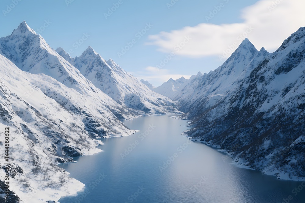 Obraz premium Serene Winter Landscape Snow capped Mountains and Glacial Lake A breathtaking view of a pristine winter scene