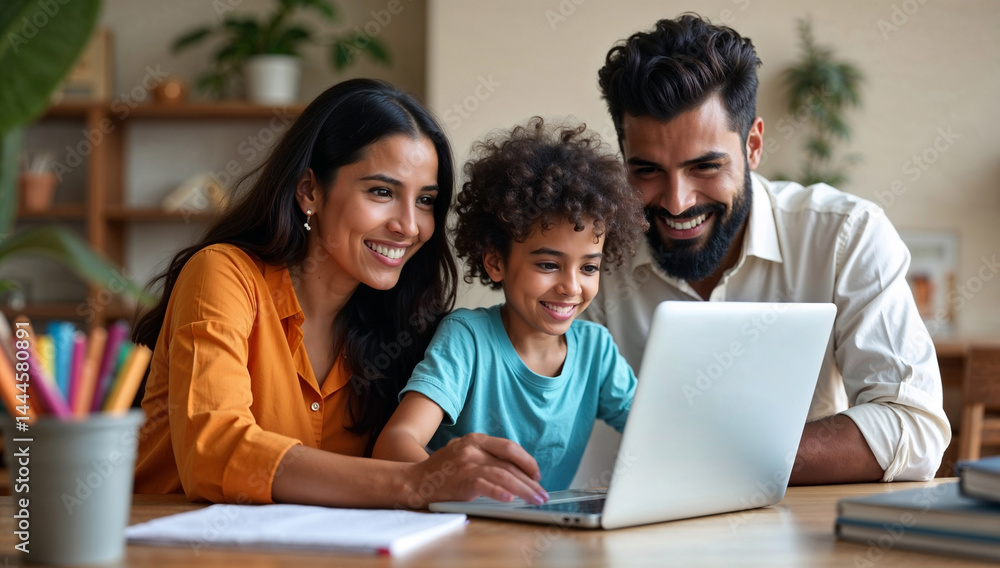 Cheerful Indian teenage girl studying at home with help from father and mother using laptop for homework showing education support and family learning time Cheerful Indian teenage girl studying at home with help from father and mother using laptop for homework showing education support and family learning time