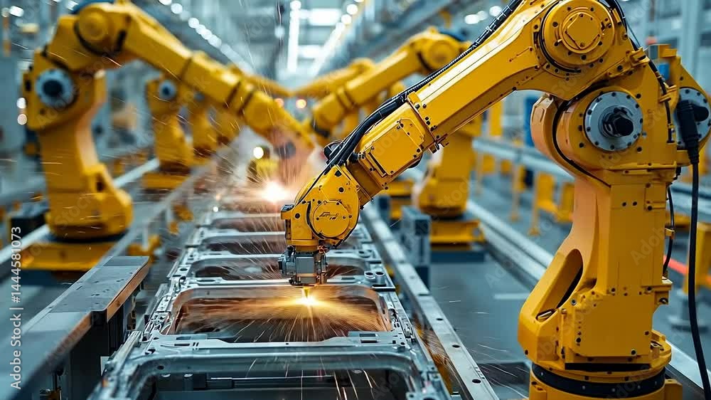 Yellow robotic arms welding metal parts in car factory Yellow robotic arms welding metal parts in car factory