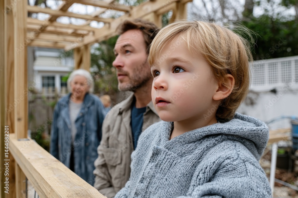 Obraz premium A thoughtful young child stands beside a construction project, observing intently, representing curiosity, learning, and the joy of engaging in creative outdoor activities.